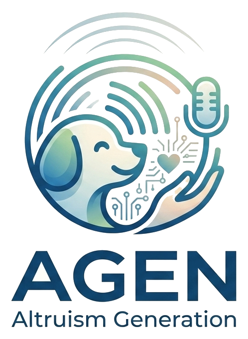 AGEN 로고 — 반려견과 보호자의 손, 마이크가 어우러진 원형 엠블럼과 AGEN Altruism Generation 워드마크